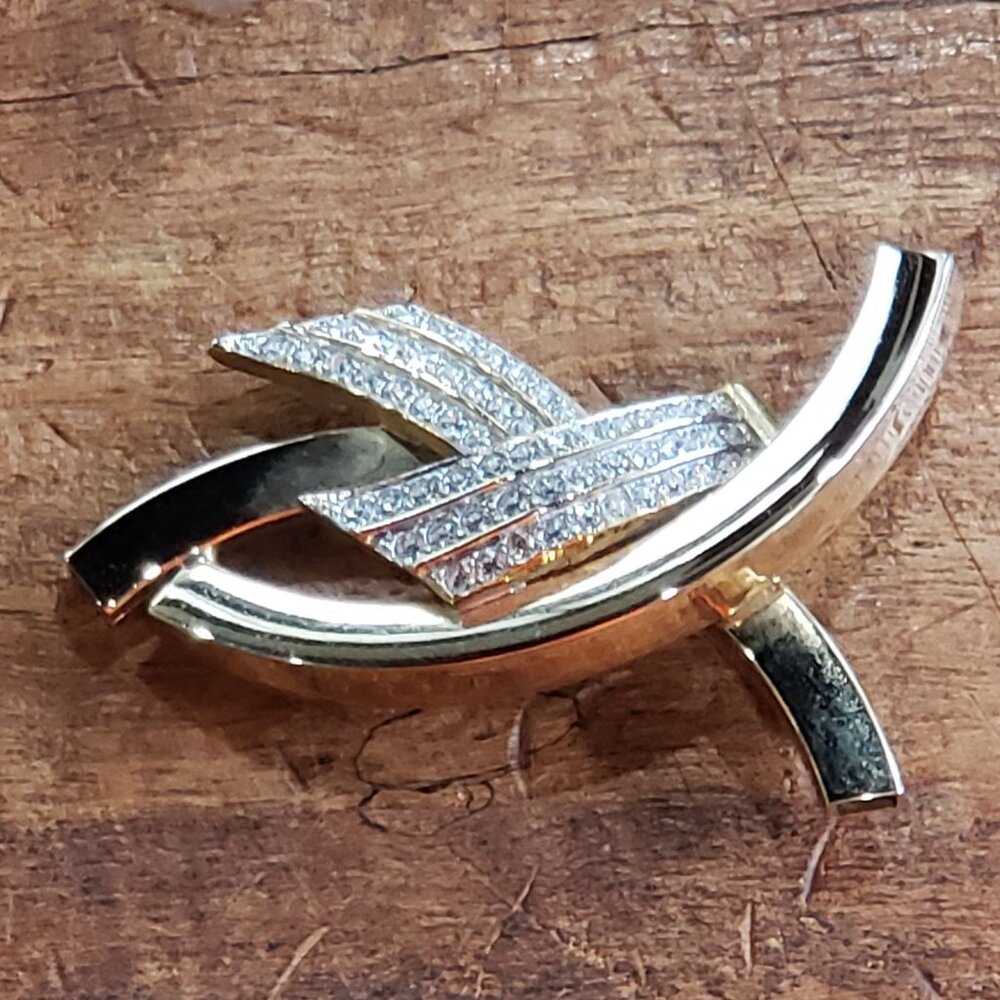 RARE Rhinestone Crystal AIDS Ribbon or Ichthys Fish Christian Pin Brooch Gold Pl - Picture 6 of 15